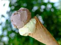 Zwei Kugeln Eis, Schoko und Vanille, in einer Waffel. Sind Eiswaffeln vegan? Diese hier sehen köstlich aus!