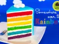 Ein Stück regenbogen kuchen mit bunten Schichten und Wolken-Deko.