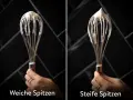Zwei Schneebesen zeigen, was ist aufschlagsahne: links weiche Spitzen, rechts steife Spitzen.