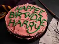 Ein Harry Potter Kuchen mit rosa Zuckerguss und grüner Schrift "Happy Birthday Harry". Daneben liegen ein Schal, eine Brille und ein Brief.