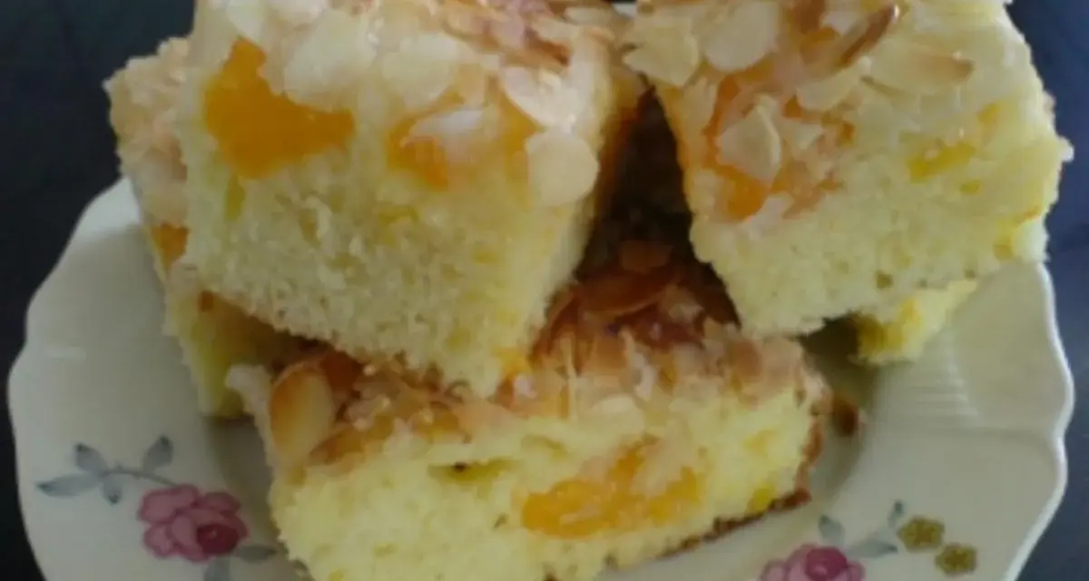 Saftiger Mandarinen Kuchen mit Mandelblättchen, auf einem Teller mit Blumenmuster.