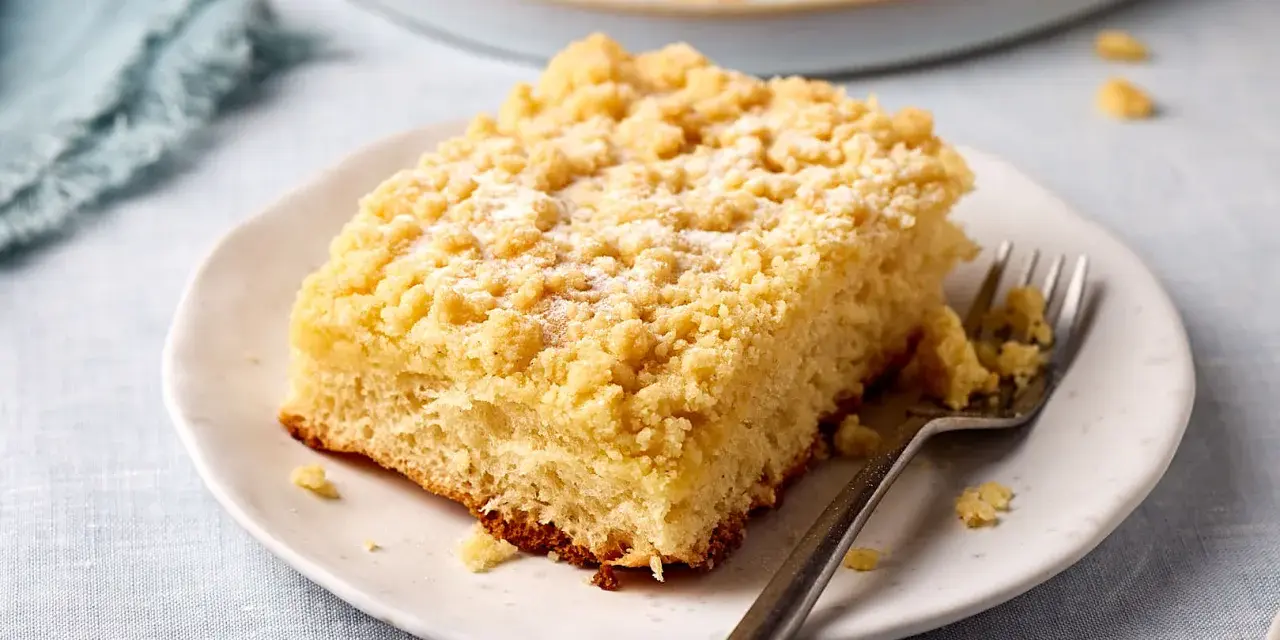 Ein Stück saftiger Streuselkuchen vom Blech, bestäubt mit Puderzucker, liegt auf einem Teller. Eine Gabel wartet darauf.