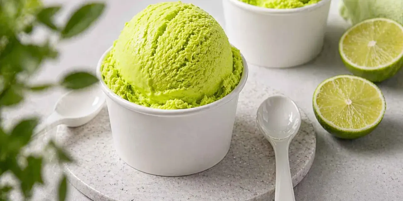 Erfrischendes Limetten-Eis in weißem Becher, dane zwei Limettenhälften. Der Brix Wert deutet auf Süße hin.