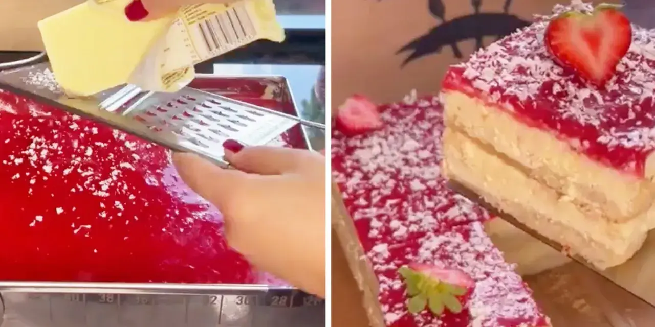 Ein leckerer Kuchen wird zubereitet. Butter wird über eine rote Masse gerieben, die an Spaghetti-Eis erinnert. Fertige Kuchenstücke mit Erdbeeren und Kokosraspeln sind zu sehen.