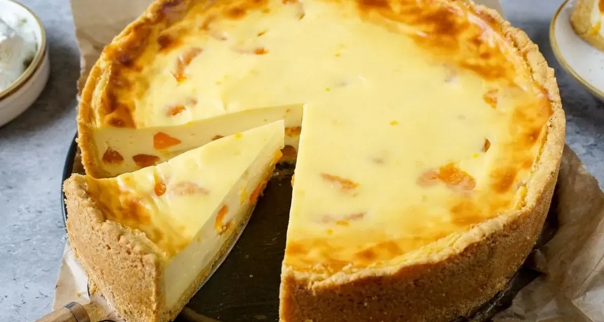 Ein saftiger Mandarinen Schmand Kuchen mit einem knusprigen Boden und cremiger Füllung, verziert mit saftigen Mandarinenstücken.