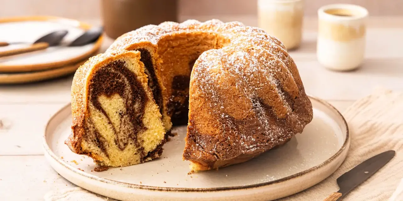 Ein saftiger Marmorkuchen, bestäubt mit Puderzucker, wartet auf dem Teller. Perfekt für den Kaffeetisch.