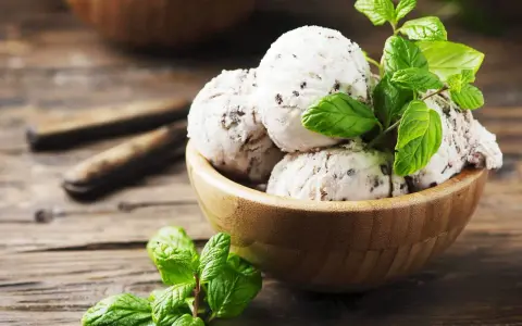 Schüssel mit Stracciatella Eis und frischer Minze auf Holzhintergrund.