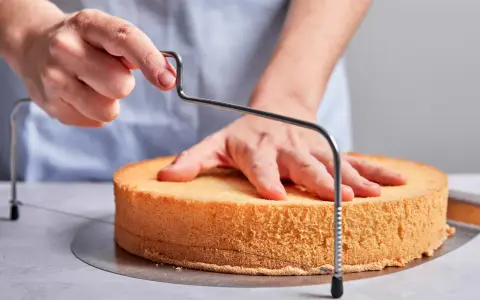 Hände schneiden mit einem Tortenbodenschneider einen Biskuitboden für ein einfaches Cassata Rezept.