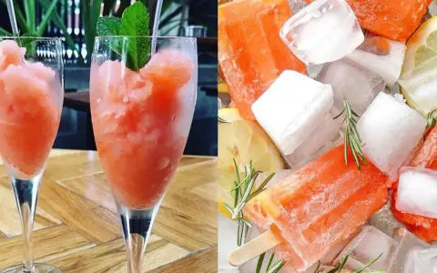 Erfrischendes Aperol Sorbet in Gläsern und als Eis am Stiel, garniert mit Minze, Zitrone und Rosmarin. Perfekt für heiße Tage!