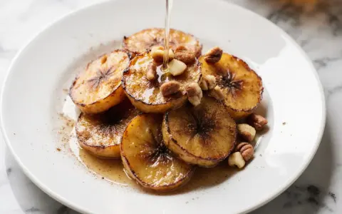 Gebackene Banane mit Nüssen und Sirup auf einem Teller.