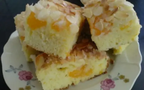 Saftiger Mandarinen Kuchen mit Mandelblättchen, auf einem Teller mit Blumenmuster.