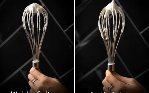 Zwei Schneebesen zeigen, was ist aufschlagsahne: links weiche Spitzen, rechts steife Spitzen.