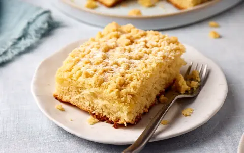 Ein Stück saftiger Streuselkuchen vom Blech, bestäubt mit Puderzucker, liegt auf einem Teller. Eine Gabel wartet darauf.