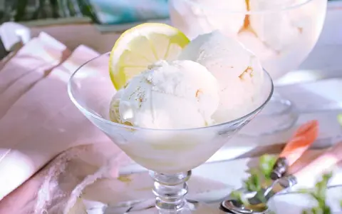 Erfrischendes Zitroneneis selber machen: Cremige Kugeln im Glas, garniert mit einer Zitronenscheibe. Perfekt für heiße Tage!