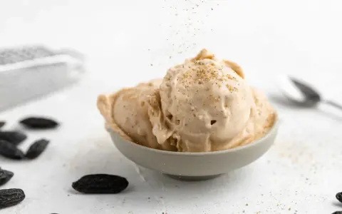 Cremiges Tonkabohnen Eis in einer Schale, bestreut mit gemahlenen Tonkabohnen. Mehrere ganze Tonkabohnen liegen daneben.