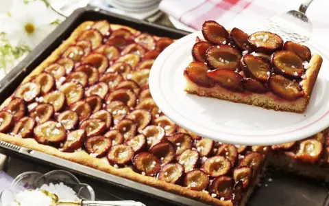 Ein saftiger Zwetschgenkuchen vom Blech, mit süßen Früchten und Zucker bestreut, wartet darauf, genossen zu werden.