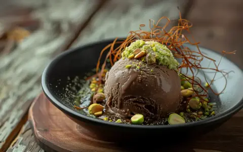 Schokoladeneis-Kugel mit Pistazien und Karamellfäden, ein Hauch von Dubai Eis.