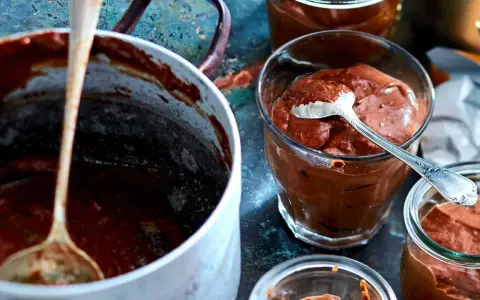 Omas schokoladenpudding mit sahne, cremig und köstlich in Gläsern serviert. Ein Löffel wartet schon.