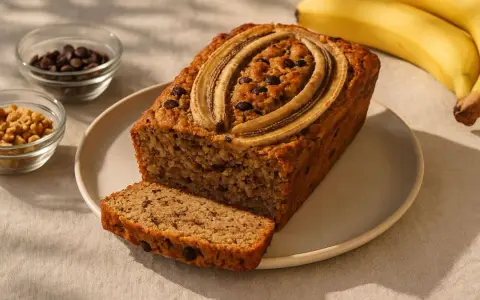 Ein saftiges Bananenbrot ohne Zucker, garniert mit Bananenscheiben und Schokostückchen. Daneben Schüsseln mit Nüssen und Schokodrops.