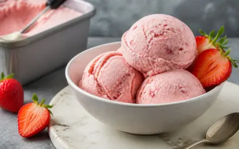Schüssel mit cremigem Erdbeer-Eis mit Kondensmilch, garniert mit frischen Erdbeeren. Daneben ein Behälter mit Eis.