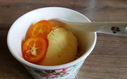 Erfrischendes Kalamansi-Sorbet in einer blumig dekorierten Schale, garniert mit zwei Scheiben der exotischen Frucht.