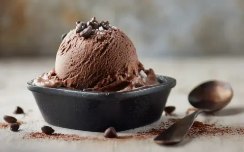 Ein Löffel Simons Eis, schokoladig und cremig, wartet neben Kakaopulver und Schokostückchen auf den Genuss.