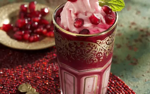 Ein Glas mit cremigem granatapfel eis, garniert mit frischen Granatapfelkernen und Minze. Daneben eine Schale mit Granatapfelkernen.