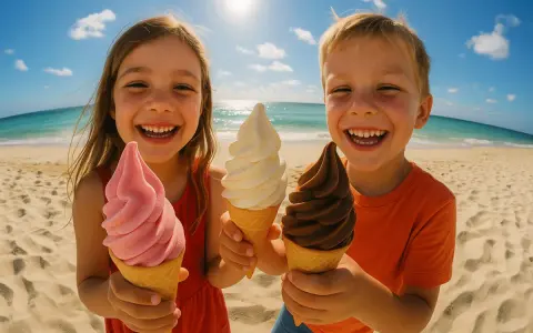 Zwei glückliche Kinder am Strand mit Eis. Der süße Geschmack von Glucose Zucker auf der Zunge.