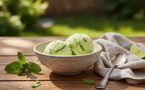 Zwei Kugeln Minz-Limetten-Eis in einer Schale, garniert mit Minze und Limettenschale. Perfekt, um den zuckergehalt messen.