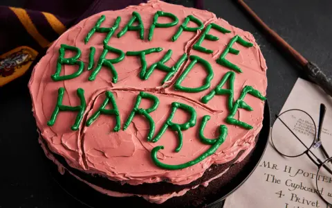 Ein Harry Potter Kuchen mit rosa Zuckerguss und grüner Schrift "Happy Birthday Harry". Daneben liegen ein Schal, eine Brille und ein Brief.
