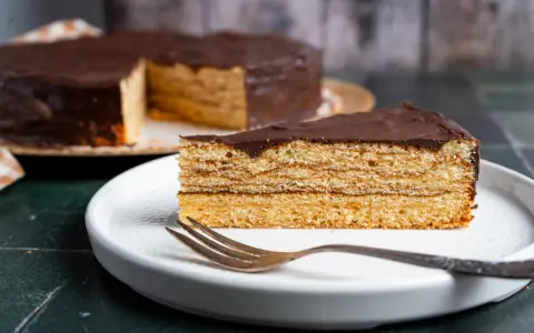 Ein Stück Schokoladen-Baumkuchen mit vielen Schichten liegt auf einem Teller. Das Baumkuchen Rezept ist ein Klassiker.