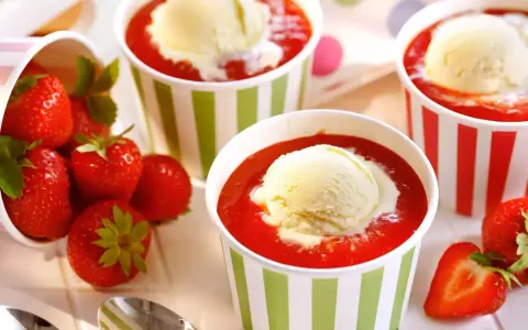 Vanilleeis mit Erdbeeren und Sahne in bunten Bechern. Frische Erdbeeren liegen daneben.