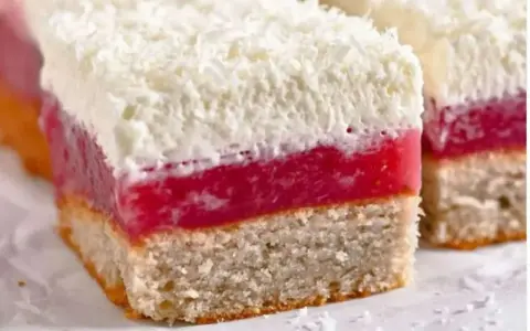 Schichtkuchen mit roter Geleeschicht und Kokosraspeln, wie von Frau Holle gebacken.