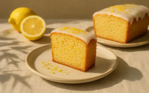 Ein Stück saftiger, veganer Zitronenkuchen mit Zuckerguss und Zitronenschale bestreut. Daneben liegen frische Zitronen.