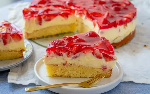 Ein saftiger Erdbeer Schmand Kuchen mit frischen Erdbeeren und rotem Tortenguss, ein Stück auf einem Teller mit einer goldenen Gabel.