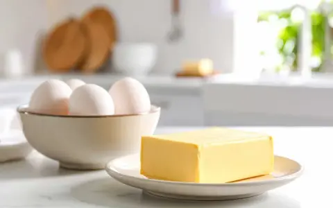 Schüssel mit Eiern und Butter auf einem Teller. Die Frage bei welcher Temperatur stockt Ei wird hier nicht beantwortet.
