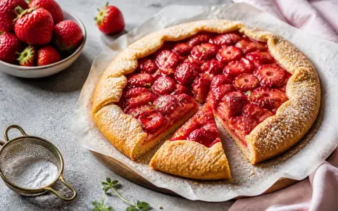 Saftige Erdbeer-Galette, perfekt für jedes galette rezept. Mit frischen Erdbeeren und knusprigem Teig, bestäubt mit Puderzucker.