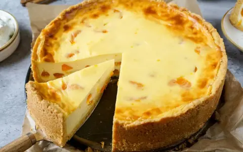 Ein saftiger Mandarinen Schmand Kuchen mit einem knusprigen Boden und cremiger Füllung, verziert mit saftigen Mandarinenstücken.
