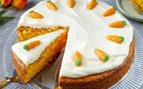 Saftiger karottenkuchen mit cremigem Frosting, dekoriert mit kleinen Marzipankarotten. Ein köstlicher Genuss!