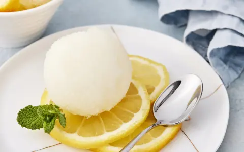 Erfrischendes Zitronensorbetto-Rezept: Eine Kugel Sorbet auf Zitronenscheiben mit Minze und Löffel.