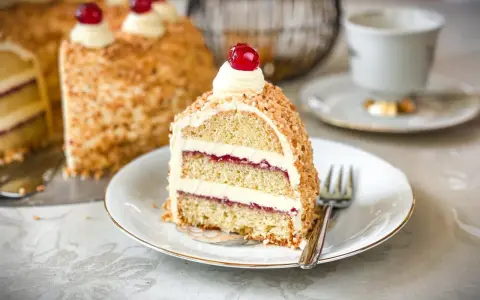 Ein Stück Frankfurter Kranz mit Buttercreme, Marmelade und Nüssen, garniert mit einer Kirsche. Ein Genuss für jeden Kaffeetisch.