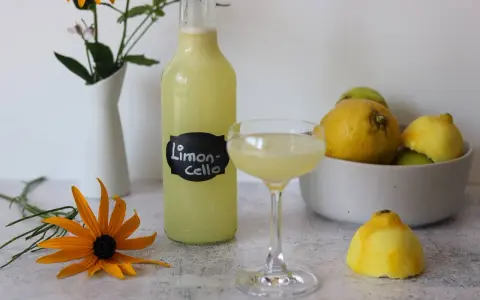Erfrischendes Limoncello Eis, serviert in einem Glas, neben einer Flasche und frischen Zitronen. Ein gelber Sonnenhut blüht daneben.