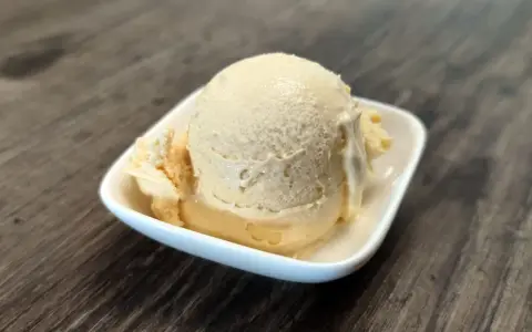 Cremiges Dulce de Leche Eis in einer weißen Schale auf Holzhintergrund.