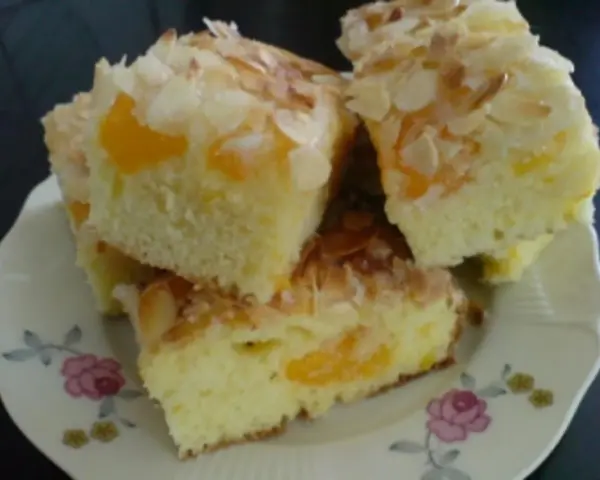 Saftiger Mandarinen Kuchen mit Mandelblättchen, auf einem Teller mit Blumenmuster.