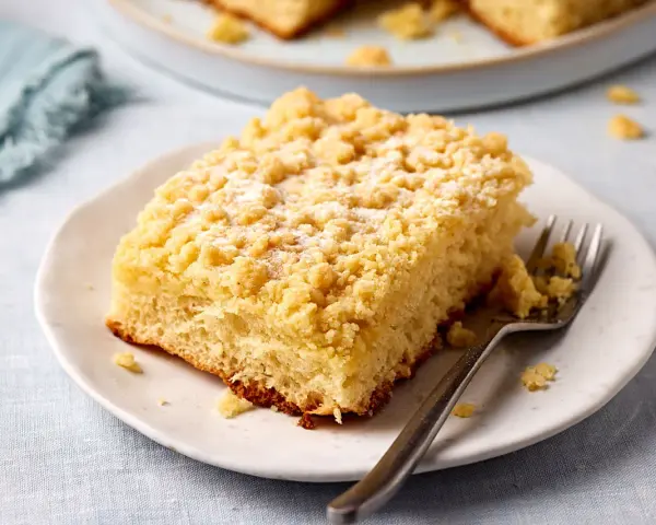 Ein Stück saftiger Streuselkuchen vom Blech, bestäubt mit Puderzucker, liegt auf einem Teller. Eine Gabel wartet darauf.