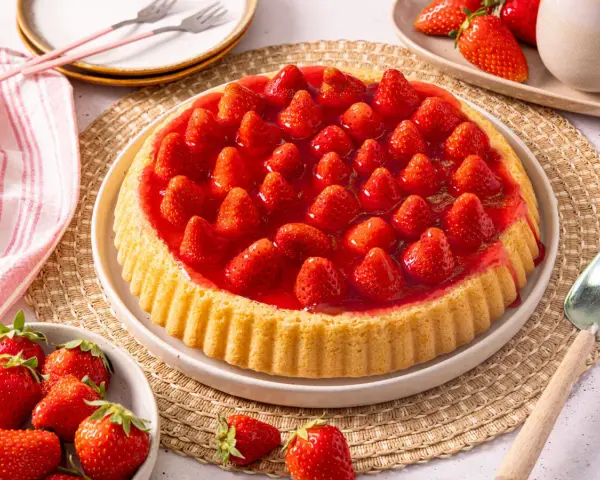 Ein köstlicher Erdbeerkuchen mit frischen Erdbeeren und Gelee. Dieses Erdbeerboden Rezept ist perfekt für den Sommer.