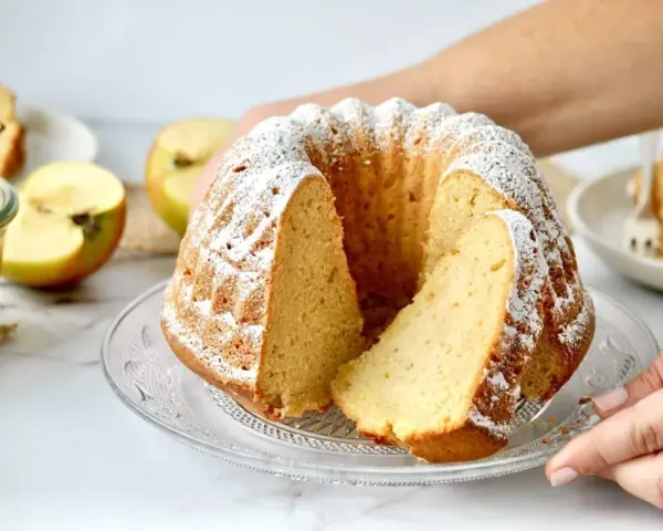 Ein saftiger Kuchen mit Apfelmus, bestäubt mit Puderzucker, daneben Äpfel und ein Glas Apfelmus.