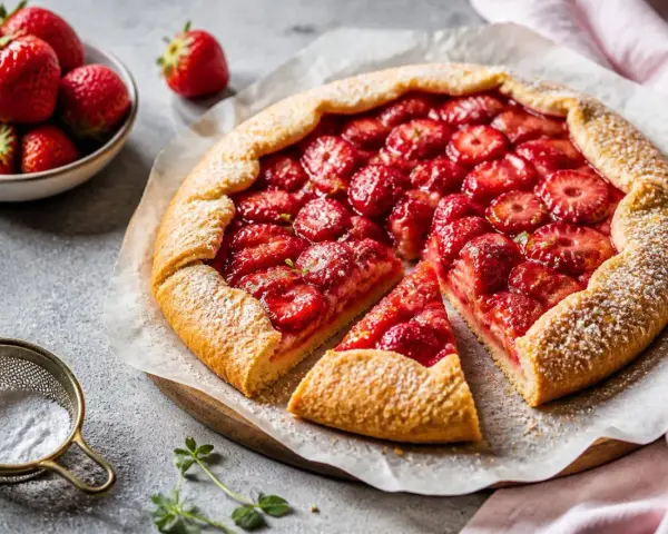 Saftige Erdbeer-Galette, perfekt für jedes galette rezept. Mit frischen Erdbeeren und knusprigem Teig, bestäubt mit Puderzucker.