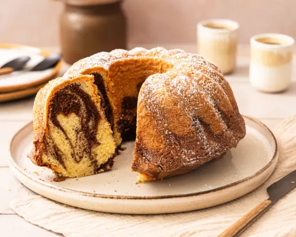 Ein saftiger Marmorkuchen, bestäubt mit Puderzucker, wartet auf dem Teller. Perfekt für den Kaffeetisch.