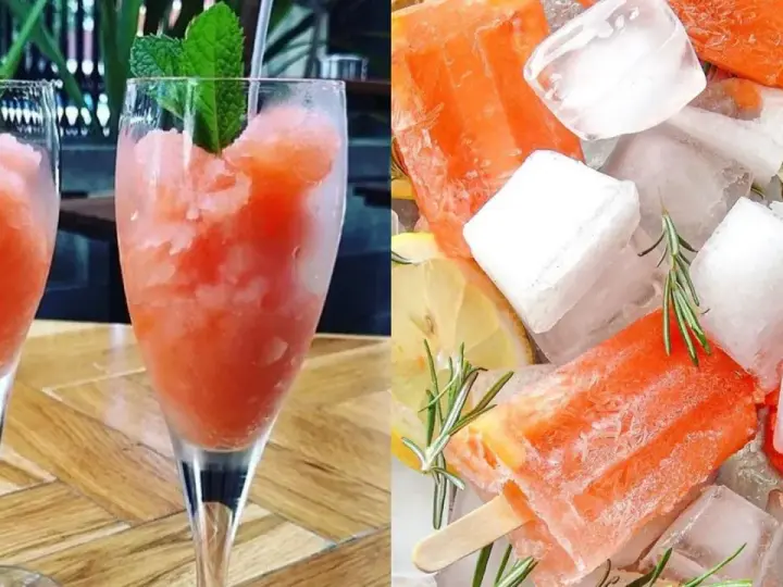 Erfrischendes Aperol Sorbet in Gläsern und als Eis am Stiel, garniert mit Minze, Zitrone und Rosmarin. Perfekt für heiße Tage!